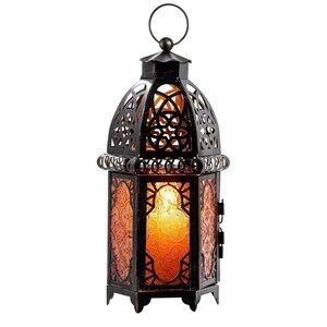 Exquisite Vintage Style Moroccan Candle Lantern Decorative Lighting Bronze Amber